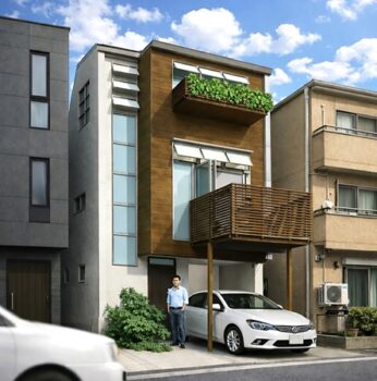 狭小住宅 間取りプラン例:15坪の変形敷地に建つ、螺旋階段のある木造3階建て住宅。