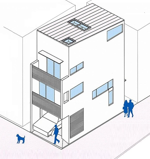 狭小住宅 間取りプラン例:9.9坪の敷地を隅々まで使う木造3階建て住宅。