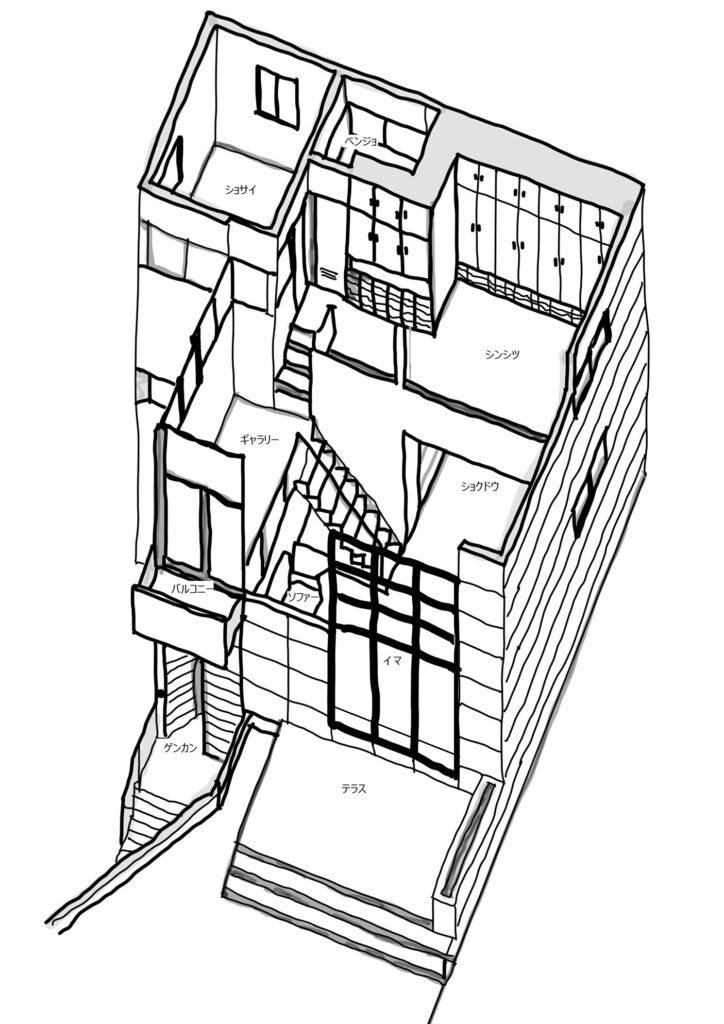 土浦亀城自邸　アイソメ図　画像出展【学科】明日館→土浦亀城自邸→日土小学校　　　　　　　　　　　　　　　　　　　　 土浦亀城自邸は，一級建築士「学科」本試験問題としても出題　https://note.com/ura410/n/nff2780ba8bcc